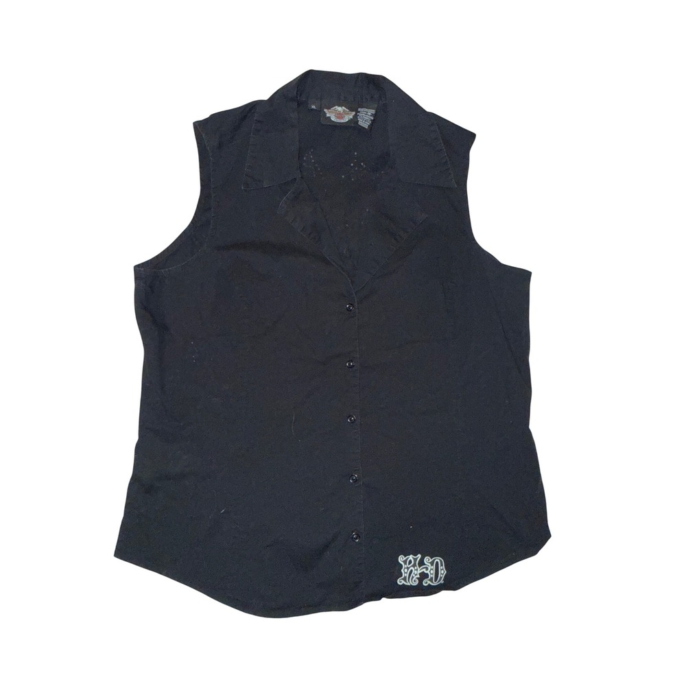 Harley Davidson Womens XL Black Sleeveless Button Down Embellished Wing Shirt